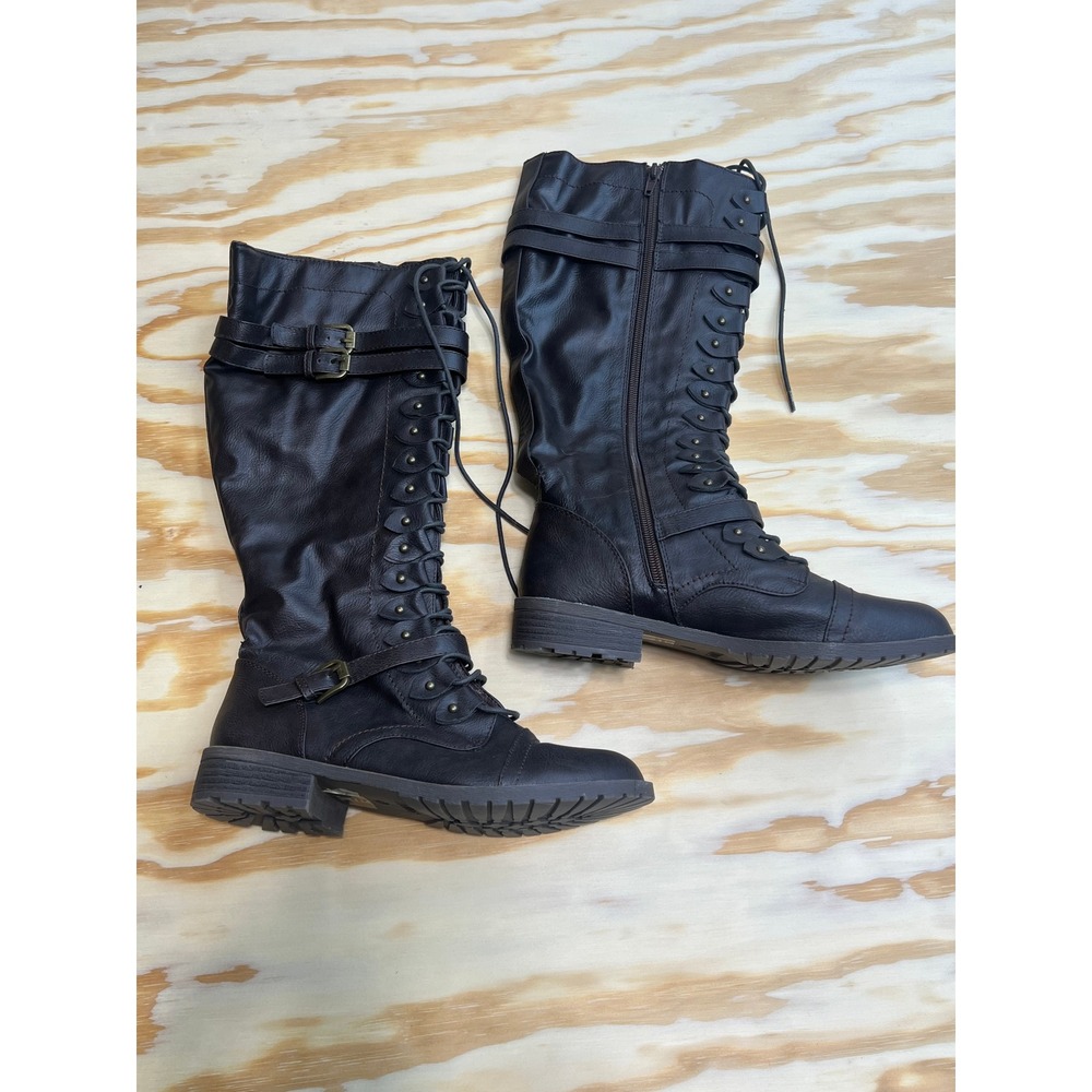 Illude Kimberly Dark Brown Tall Combat Boots Buckle Lace Up Side Zip Size 7.5